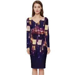 Tardis Regeneration Art Doctor Who Paint Purple Sci Fi Space Star Time Machine Long Sleeve V-neck Bodycon Dress  by Cemarart