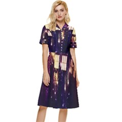 Tardis Regeneration Art Doctor Who Paint Purple Sci Fi Space Star Time Machine Button Top Knee Length Dress by Cemarart