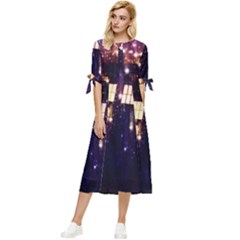 Tardis Regeneration Art Doctor Who Paint Purple Sci Fi Space Star Time Machine Bow Sleeve Chiffon Midi Dress by Cemarart