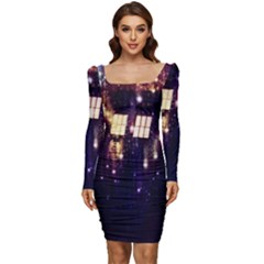 Tardis Regeneration Art Doctor Who Paint Purple Sci Fi Space Star Time Machine Women Long Sleeve Ruched Stretch Jersey Dress by Cemarart