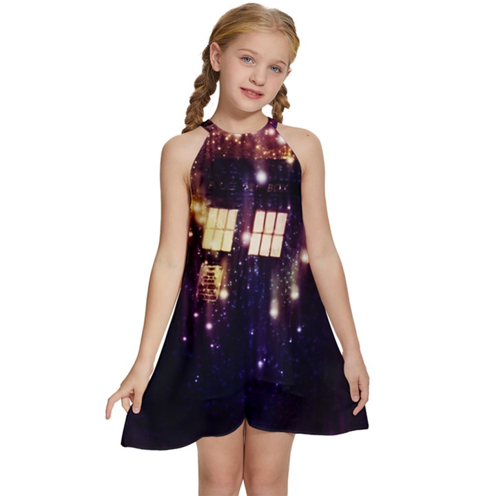 Tardis Regeneration Art Doctor Who Paint Purple Sci Fi Space Star Time Machine Kids  Halter Collar Waist Tie Chiffon Dress