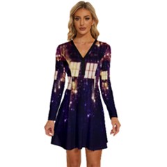 Tardis Regeneration Art Doctor Who Paint Purple Sci Fi Space Star Time Machine Long Sleeve Deep V Mini Dress  by Cemarart