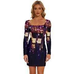 Tardis Regeneration Art Doctor Who Paint Purple Sci Fi Space Star Time Machine Long Sleeve Square Neck Bodycon Velvet Dress by Cemarart