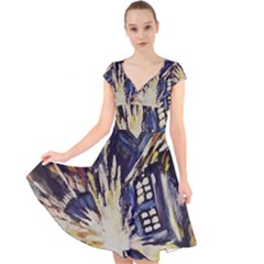 Tardis Doctor Who Pattern Cap Sleeve Front Wrap Midi Dress by Cemarart