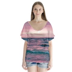 Sunset Ocean Beach Catcher Dream Evening Night Sunset V-neck Flutter Sleeve Top by Cemarart