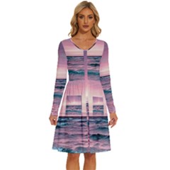 Sunset Ocean Beach Catcher Dream Evening Night Sunset Long Sleeve Dress With Pocket by Cemarart