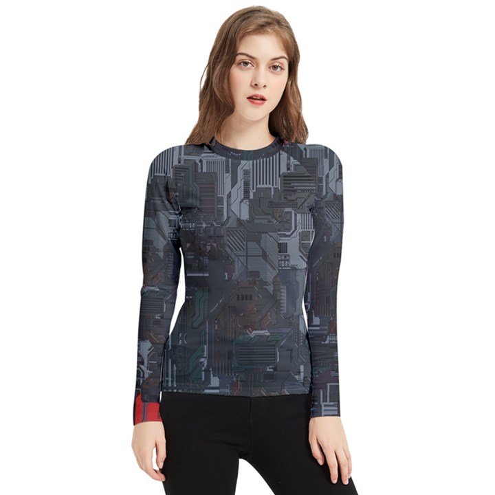 Abstract Tech Computer Motherboard Technology Women s Long Sleeve Rash Guard