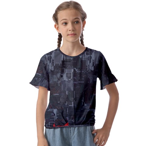 Abstract Tech Computer Motherboard Technology Kids  Cuff Sleeve Scrunch Bottom T-shirt by Cemarart