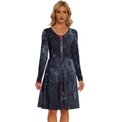 Abstract Tech Computer Motherboard Technology Long Sleeve Dress With Pocket by Cemarart