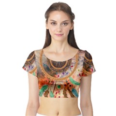 Dream Catcher Colorful Vintage Short Sleeve Crop Top by Cemarart