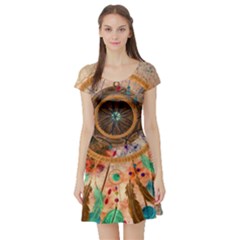 Dream Catcher Colorful Vintage Short Sleeve Skater Dress by Cemarart