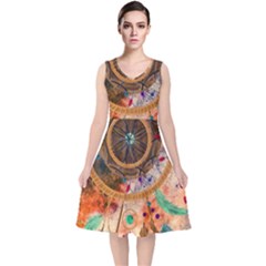 Dream Catcher Colorful Vintage V-neck Midi Sleeveless Dress  by Cemarart