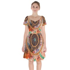 Dream Catcher Colorful Vintage Short Sleeve Bardot Dress by Cemarart