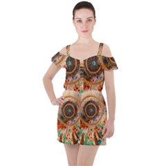 Dream Catcher Colorful Vintage Ruffle Cut Out Chiffon Playsuit by Cemarart