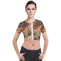 Dream Catcher Colorful Vintage Short Sleeve Cropped Jacket by Cemarart