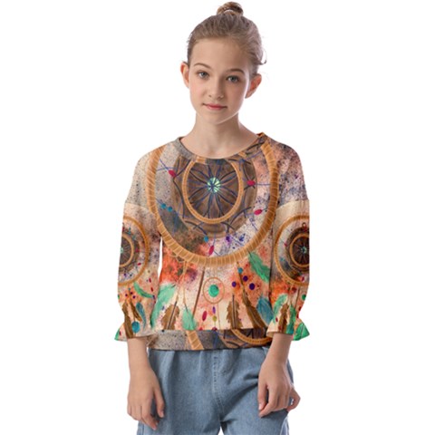 Dream Catcher Colorful Vintage Kids  Cuff Sleeve Top by Cemarart