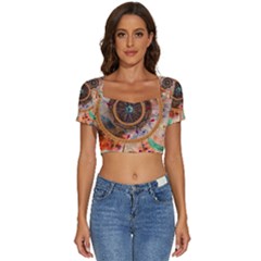 Dream Catcher Colorful Vintage Short Sleeve Square Neckline Crop Top  by Cemarart