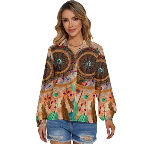 Dream Catcher Colorful Vintage Women s Long Sleeve Button Up Shirt by Cemarart