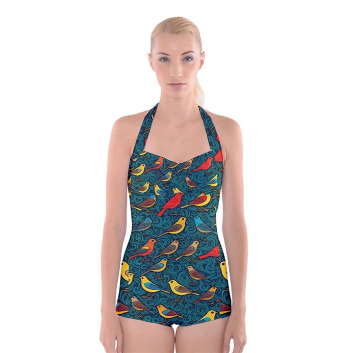 Bird Pattern Colorful Boyleg Halter Swimsuit 