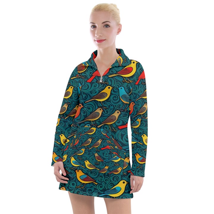 Bird Pattern Colorful Women s Long Sleeve Casual Dress