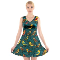 Bird Pattern Colorful V-neck Sleeveless Dress by Cemarart