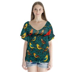 Bird Pattern Colorful V-neck Flutter Sleeve Top by Cemarart