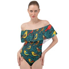 Bird Pattern Colorful Off Shoulder Velour Bodysuit  by Cemarart