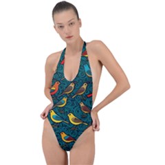 Bird Pattern Colorful Backless Halter One Piece Swimsuit by Cemarart