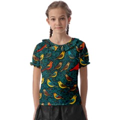 Bird Pattern Colorful Kids  Frill Chiffon Blouse by Cemarart