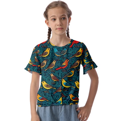 Bird Pattern Colorful Kids  Cuff Sleeve Scrunch Bottom T-shirt by Cemarart