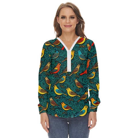 Bird Pattern Colorful Zip Up Long Sleeve Blouse by Cemarart