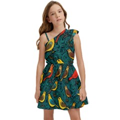 Bird Pattern Colorful Kids  One Shoulder Party Dress by Cemarart