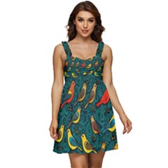 Bird Pattern Colorful Ruffle Strap Babydoll Chiffon Dress by Cemarart