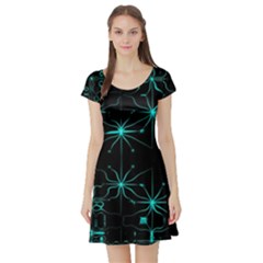 Space Time Abstract Pattern Alien Dark Green Pattern Short Sleeve Skater Dress by Cemarart