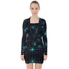 Space Time Abstract Pattern Alien Dark Green Pattern V-neck Bodycon Long Sleeve Dress by Cemarart