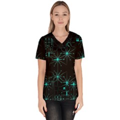 Space Time Abstract Pattern Alien Dark Green Pattern Women s V-neck Scrub Top by Cemarart