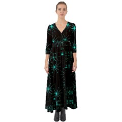 Space Time Abstract Pattern Alien Dark Green Pattern Button Up Boho Maxi Dress by Cemarart