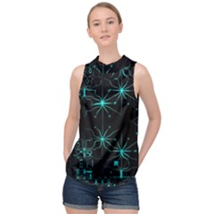 Space Time Abstract Pattern Alien Dark Green Pattern High Neck Satin Top by Cemarart