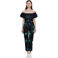 Space Time Abstract Pattern Alien Dark Green Pattern Bardot Ruffle Jumpsuit by Cemarart