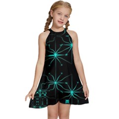 Space Time Abstract Pattern Alien Dark Green Pattern Kids  Halter Collar Waist Tie Chiffon Dress by Cemarart