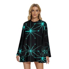 Space Time Abstract Pattern Alien Dark Green Pattern Round Neck Long Sleeve Bohemian Style Chiffon Mini Dress by Cemarart