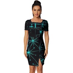 Space Time Abstract Pattern Alien Dark Green Pattern Fitted Knot Split End Bodycon Dress by Cemarart