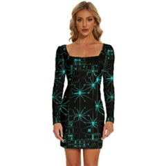 Space Time Abstract Pattern Alien Dark Green Pattern Long Sleeve Square Neck Bodycon Velvet Dress by Cemarart