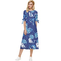 Cat Astronaut Space Suit Pattern Bow Sleeve Chiffon Midi Dress by Cemarart