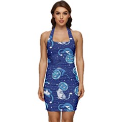 Cat Astronaut Space Suit Pattern Sleeveless Wide Square Neckline Ruched Bodycon Dress by Cemarart