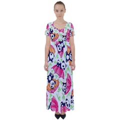 Panda Umbrella Pattern High Waist Short Sleeve Maxi Dress by Cemarart