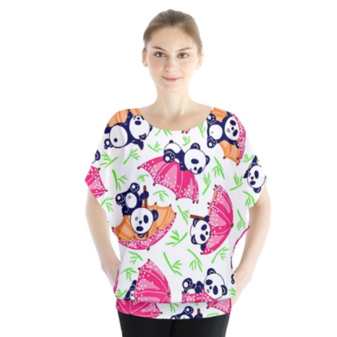 Panda Umbrella Pattern Batwing Chiffon Blouse by Cemarart