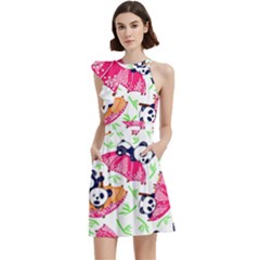 Panda Umbrella Pattern Cocktail Party Halter Sleeveless Dress With Pockets by Cemarart