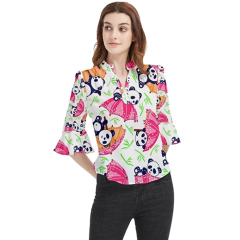 Panda Umbrella Pattern Loose Horn Sleeve Chiffon Blouse by Cemarart