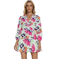 Panda Umbrella Pattern V-neck Placket Mini Dress by Cemarart